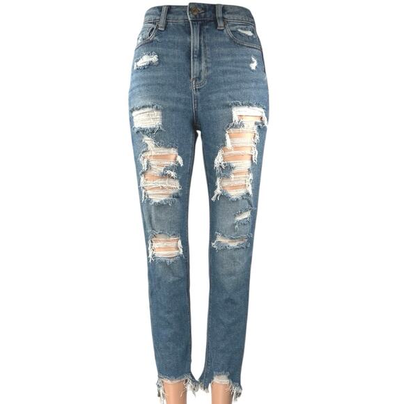 American Eagle Denim - American Eagle Women's Blue Distressed Stretch High Rise Mom Denim Jeans Size 0